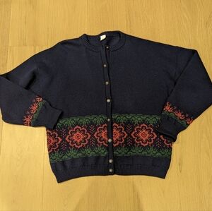 Navy Wool Cardigan with Floral Pattern